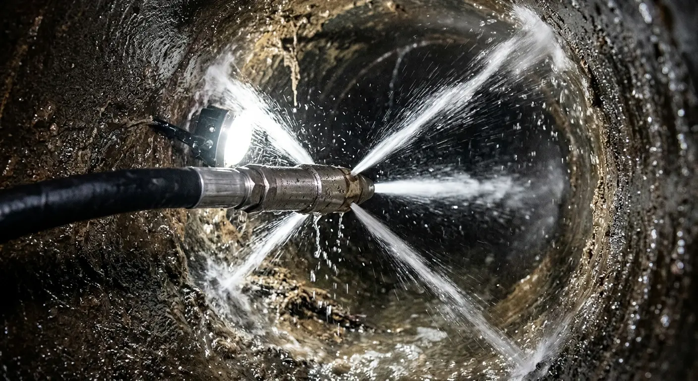 High-pressure hydro jetting nozzle cleaning sewer pipe for Emergency Drain Service in Sugar Hill