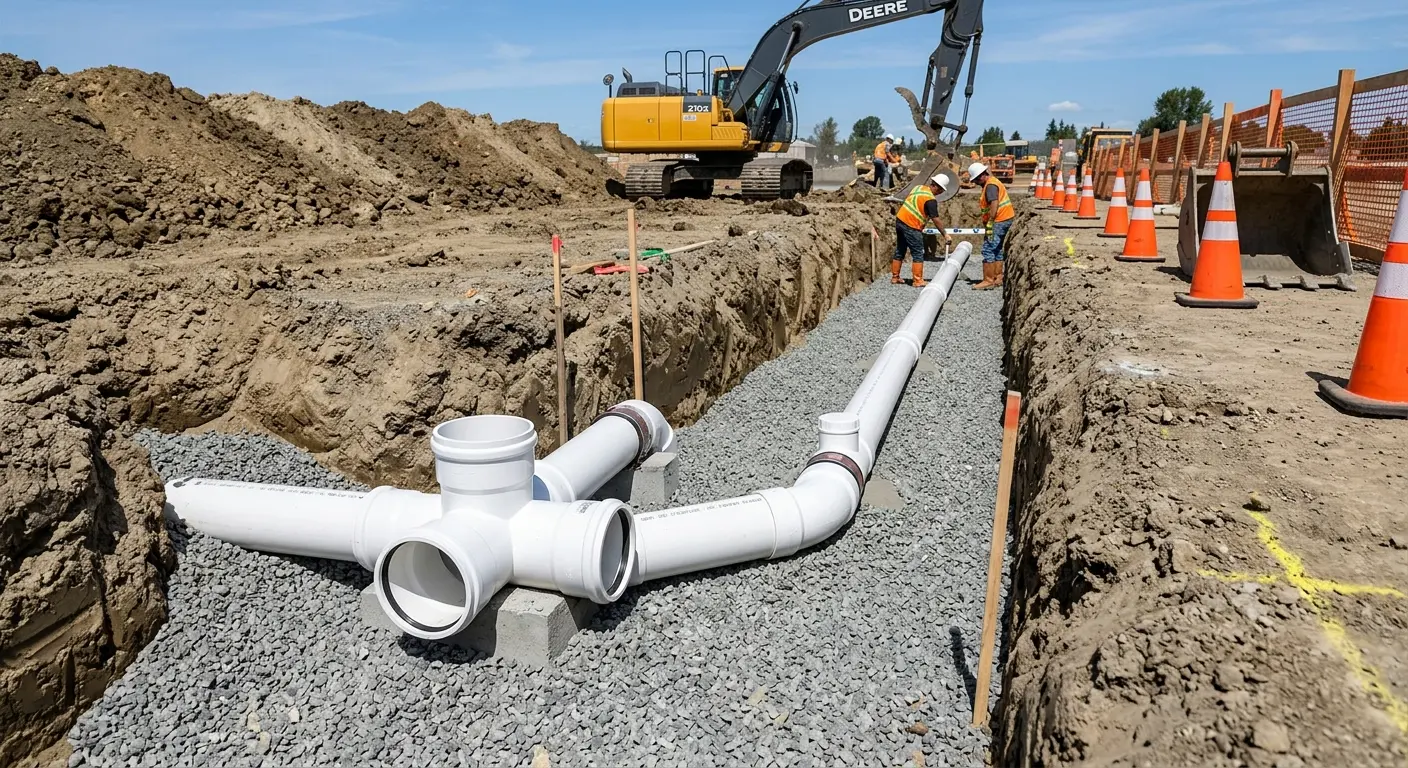 New PVC sewer pipe installation in open trench for Sewer Backup in Sugar Hill