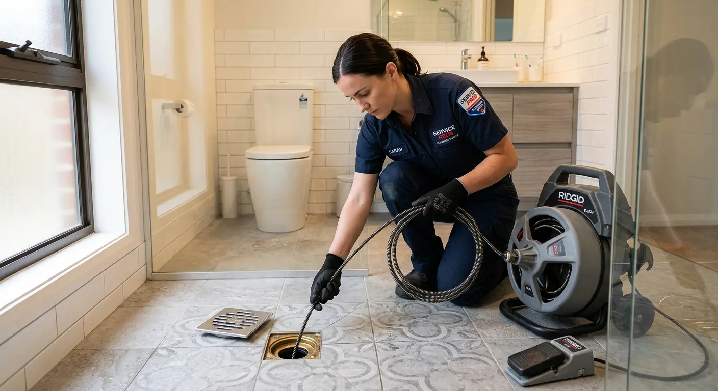 Technician clearing a bathroom floor drain for Drain Repair in Sugar Hill